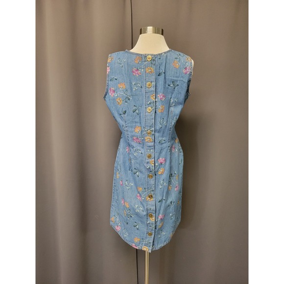 Studio Ease Denim Dress Blue Floral Button Back Sleeveless Vintage USA Size 16 - Picture 3 of 8